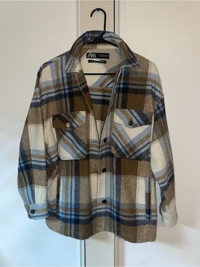 Zara Plaid Shacket in Brown, Blue & Cream